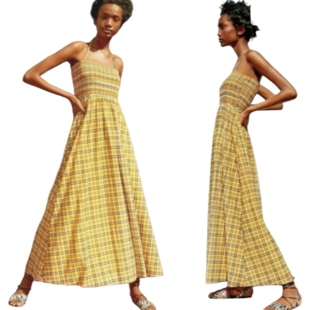 Zara Yellow Plaid Strapless Maxi Dress